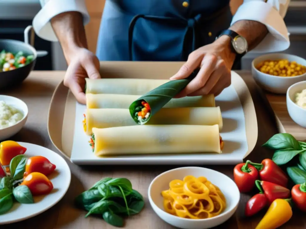 Un chef experto prepara con amor unos canelones rellenos saludables en una cocina moderna y luminosa