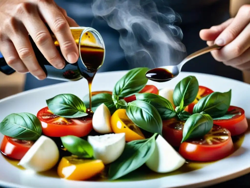 Chef experto añadiendo balsámico a ensalada Caprese