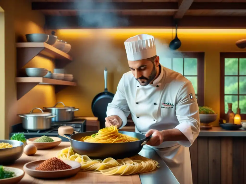 Un chef experto añadiendo mostaza dorada a un plato de pasta en una cocina italiana tradicional