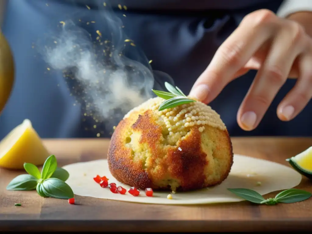 Un chef experto moldea un arancini de quinoa saludable, resaltando la elaboración artesanal y saludable del crujiente bocado