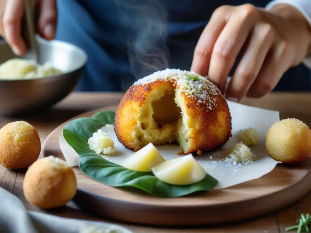 Maestría culinaria: El arte de preparar arancini sicilianos Chef experto moldea arancini siciliano con saffron y queso, reflejando evolución culinaria