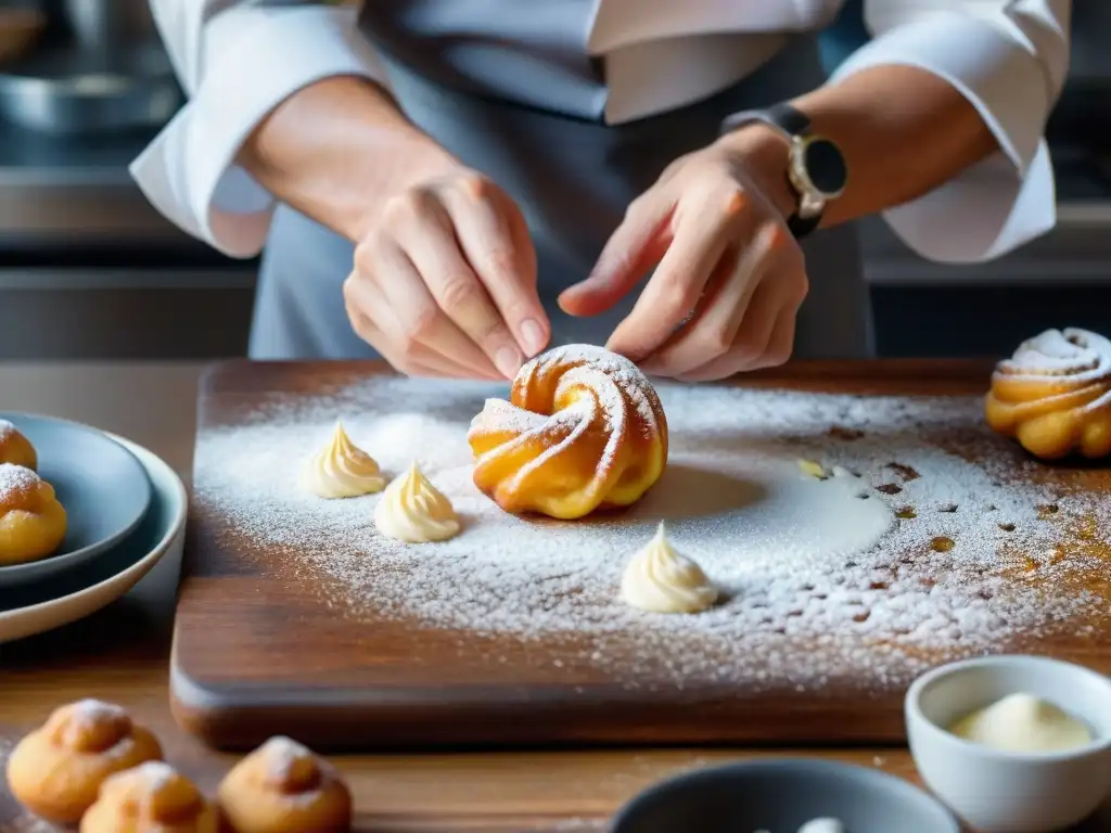 Un chef experto moldea bolitas de masa para zeppole, un postre tradicional italiano