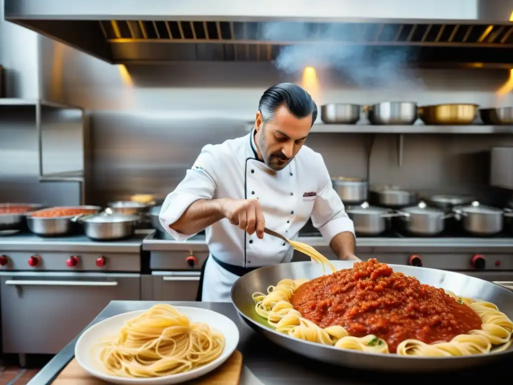 Un chef experto en una bulliciosa cocina italiana tradicional y moderna, preparando pasta con precisión