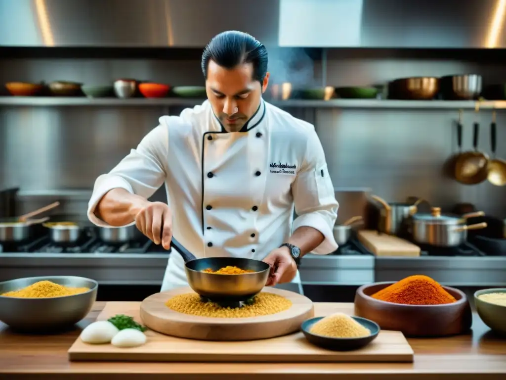 Un chef experto prepara risotto curry tailandés en una bulliciosa cocina