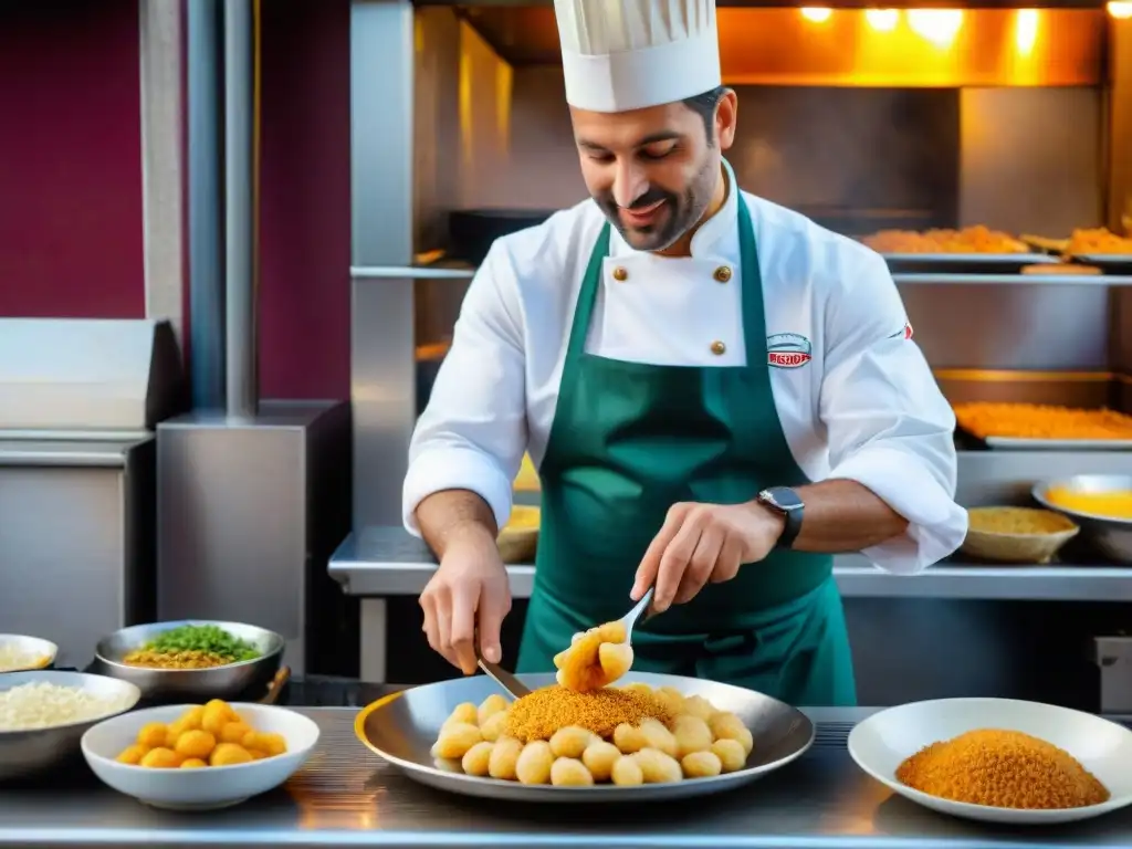 Un chef experto prepara Baccalà fritto en las bulliciosas calles de Venecia, destacando la artesanía de esta comida callejera veneciana