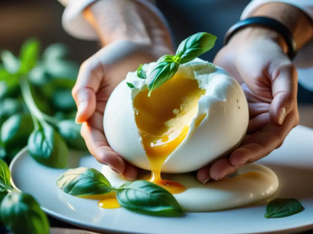 El chef experto desmenuza una burrata cremosa sobre hojas de albahaca fresca, resaltando su calidad decadente