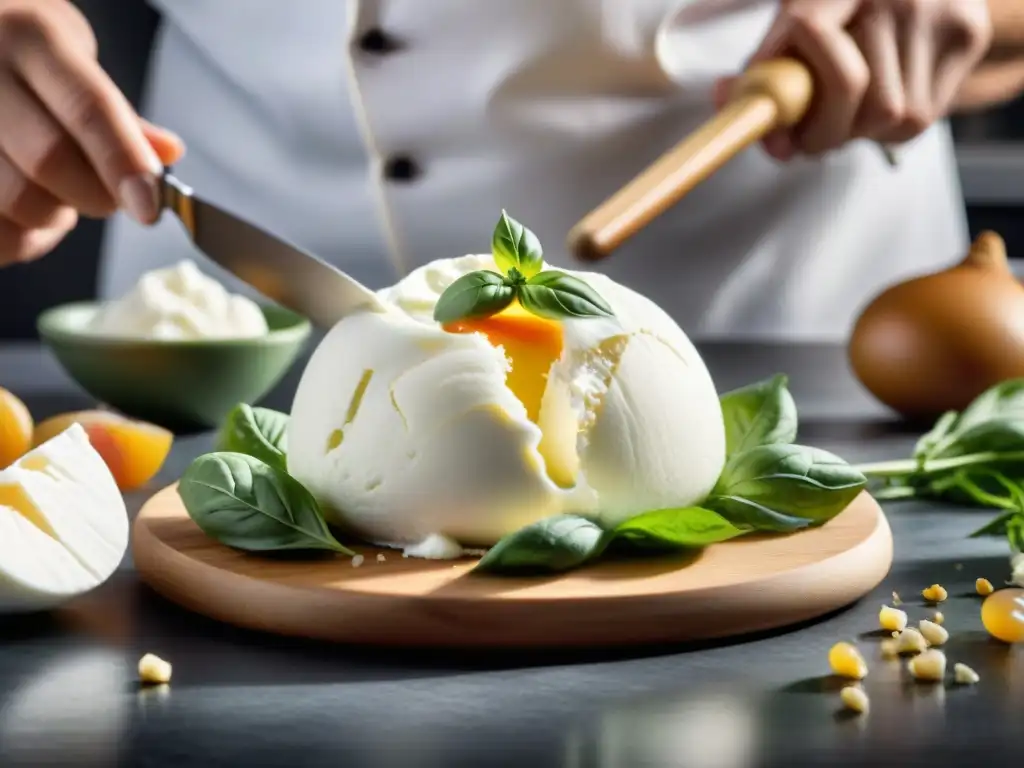 Un chef experto elaborando una burrata en un entorno de comida rápida