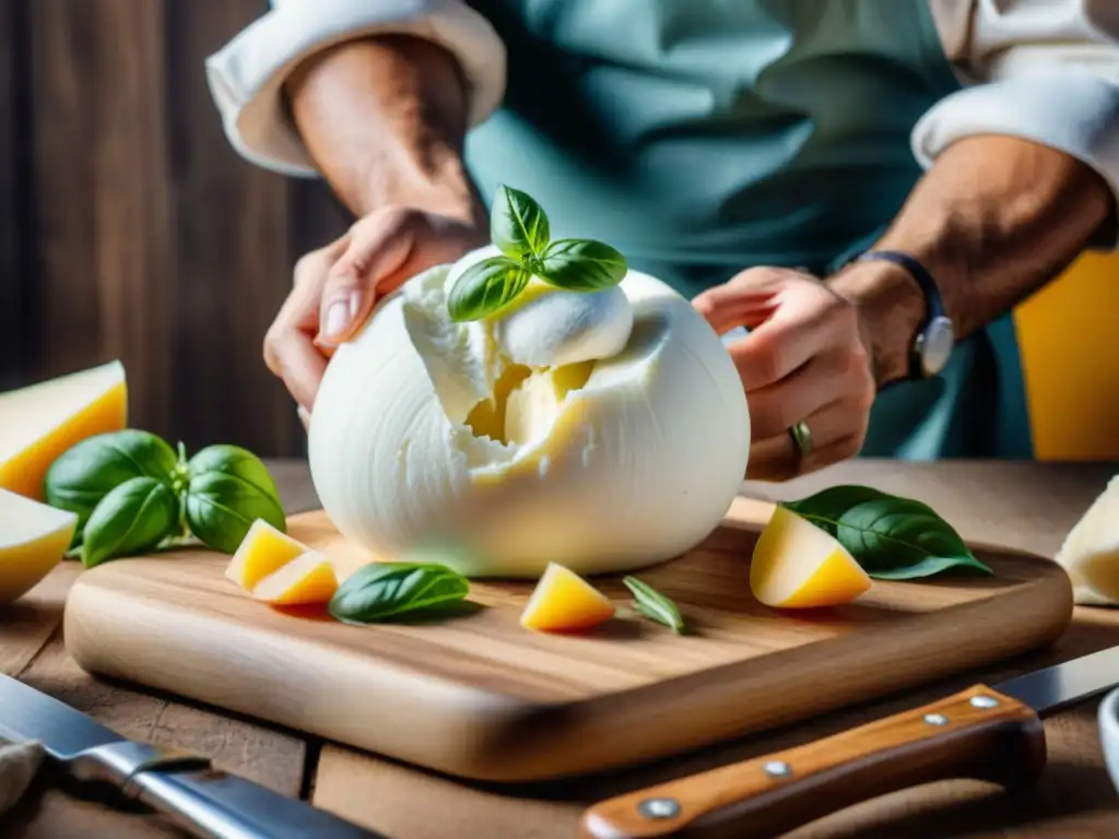 Un chef experto desmenuza burrata fresca en tabla rústica