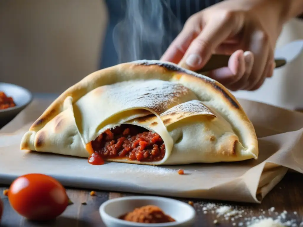 Chef experto sellando un calzone casero, Receta casera calzone relleno