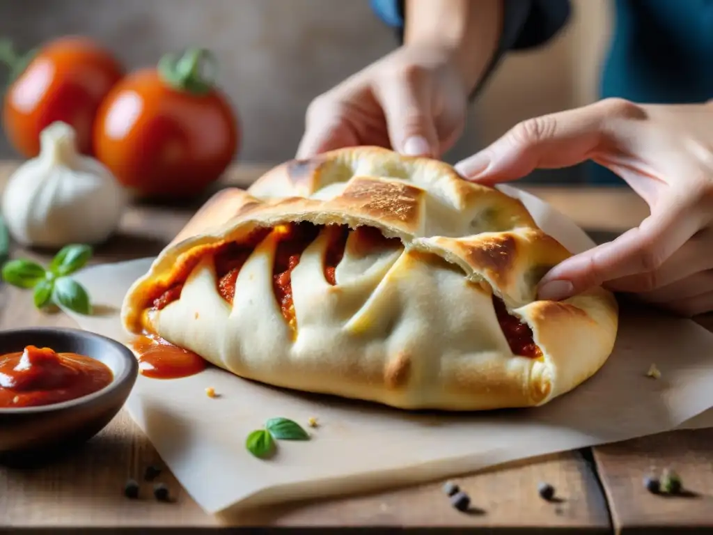 Un chef experto dobla y sella un calzone casero, con queso derretido y salsa de tomate, en una cocina rústica