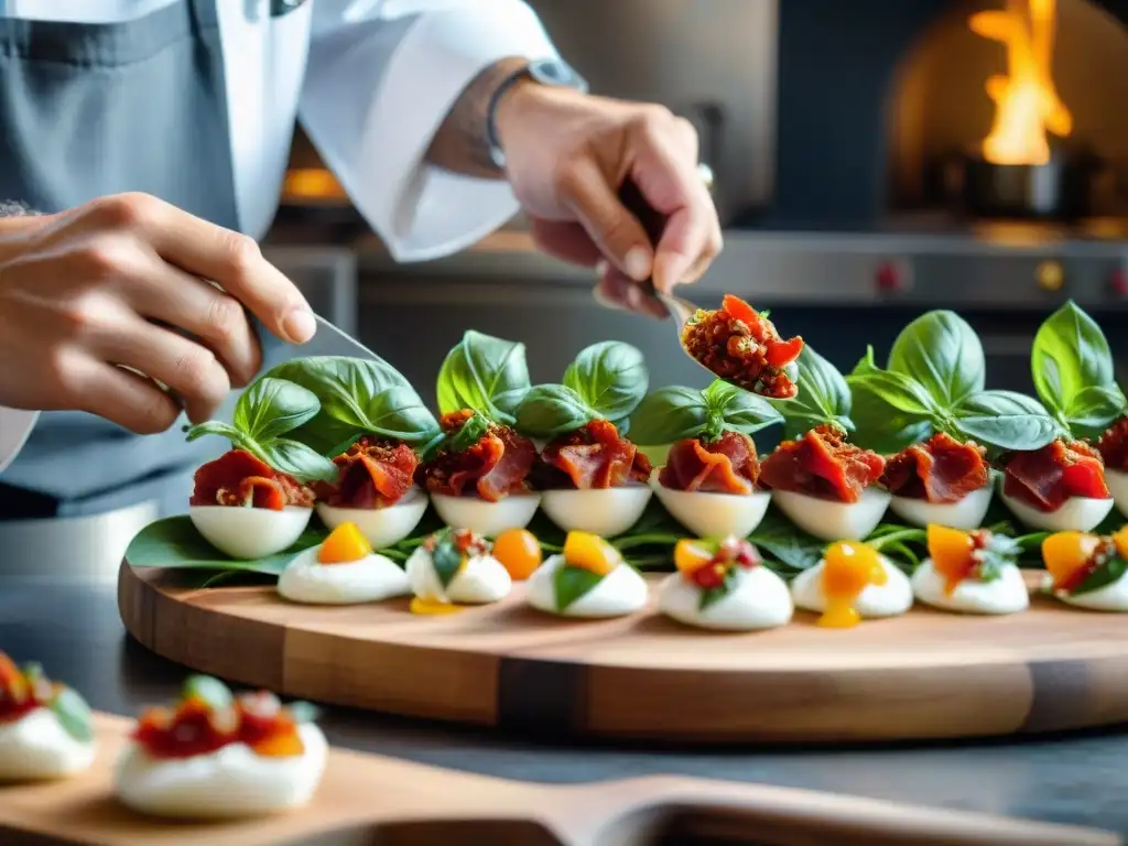 Un chef experto preparando canapés italianos tendencia cocina con ingredientes coloridos y frescos