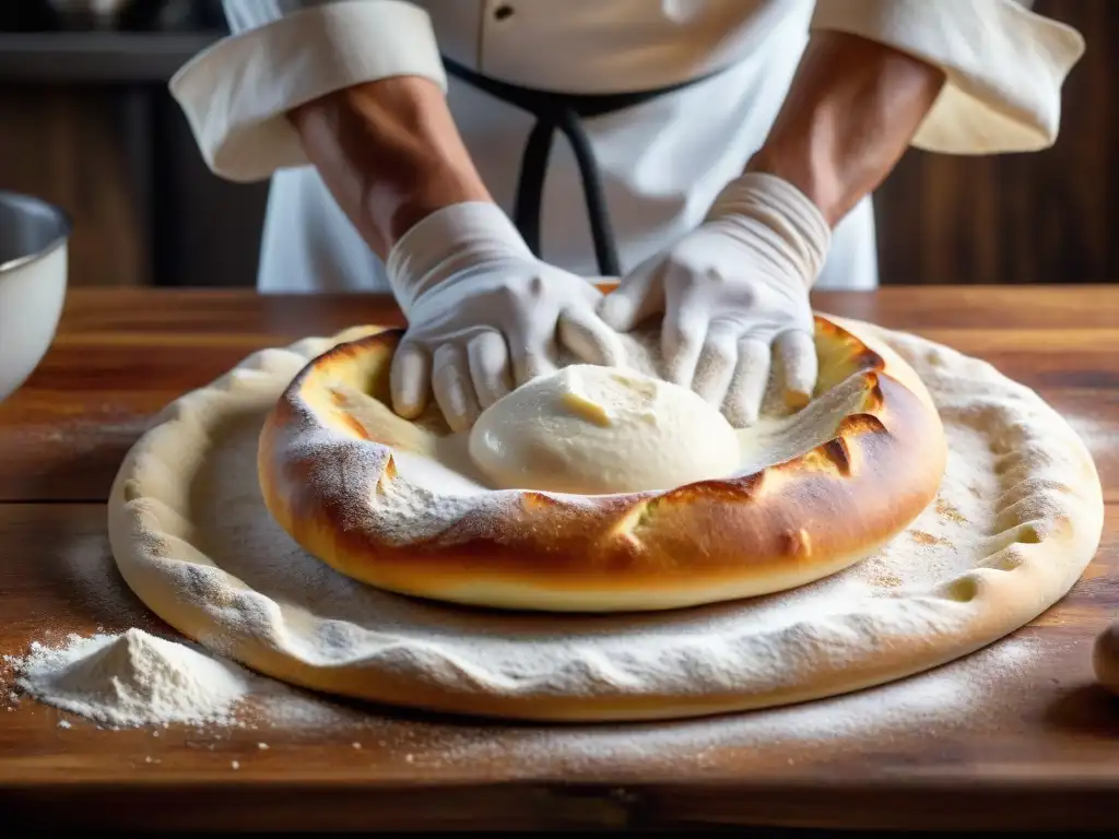 Un chef experto en catering horno de leña italiano moldea la masa con destreza, creando la base perfecta para una pizza tradicional