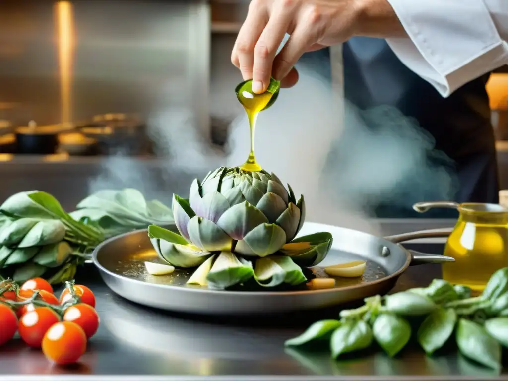 Un chef experto cocina con pasión, lanzando corazones de alcachofa en una sartén con aceite de oliva, rodeado de ingredientes italianos