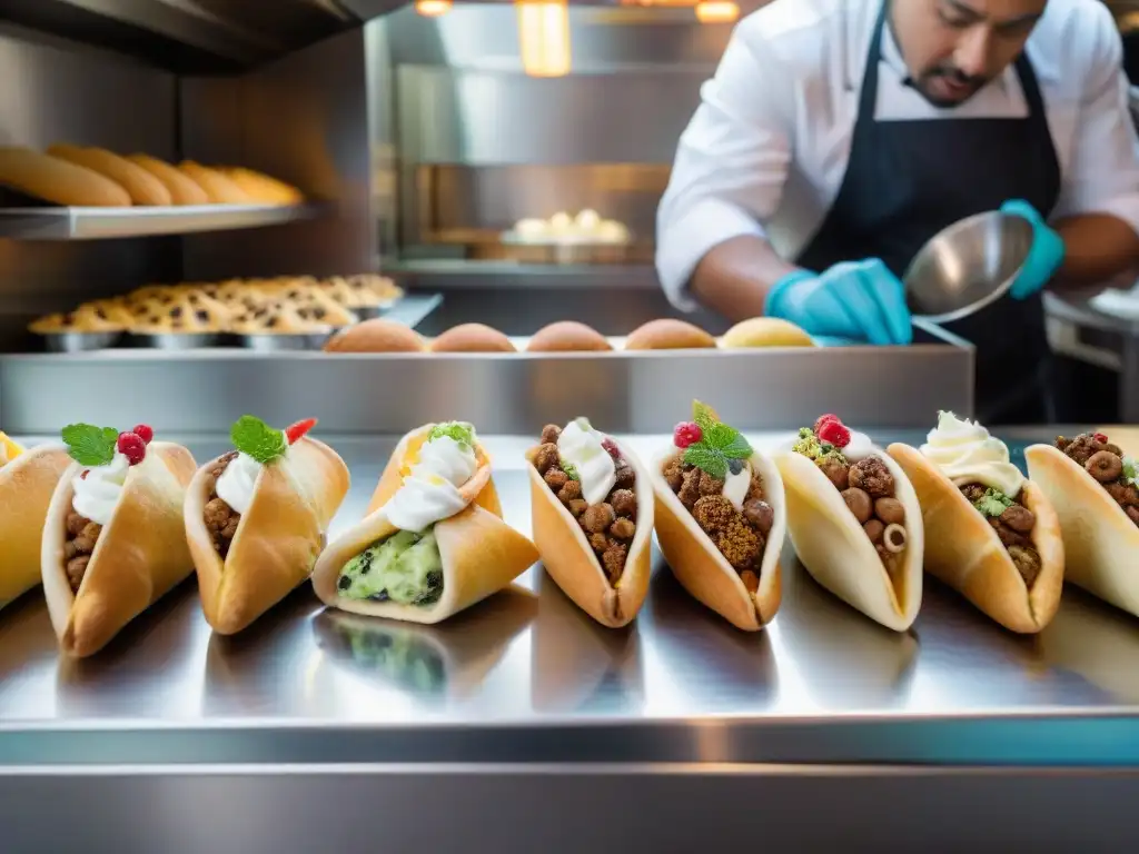 Un chef experto rellena cannoli en una cocina de food truck, adaptando el postre a la comida rápida