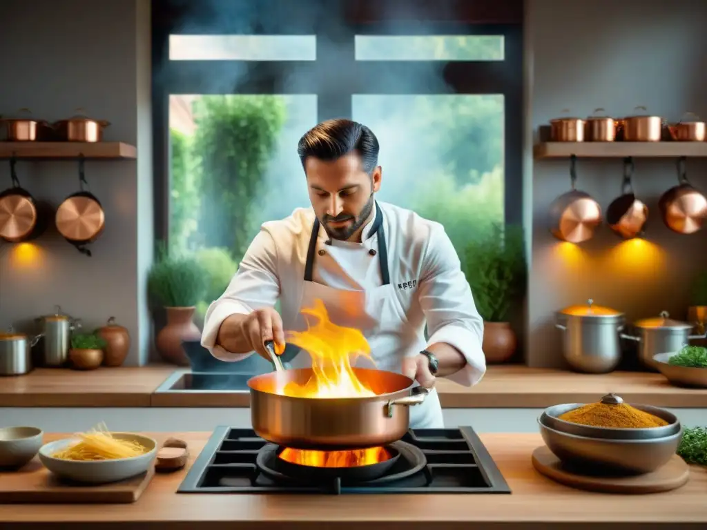 Un chef experto en una cocina italiana bulliciosa, preparando pasta al fuego