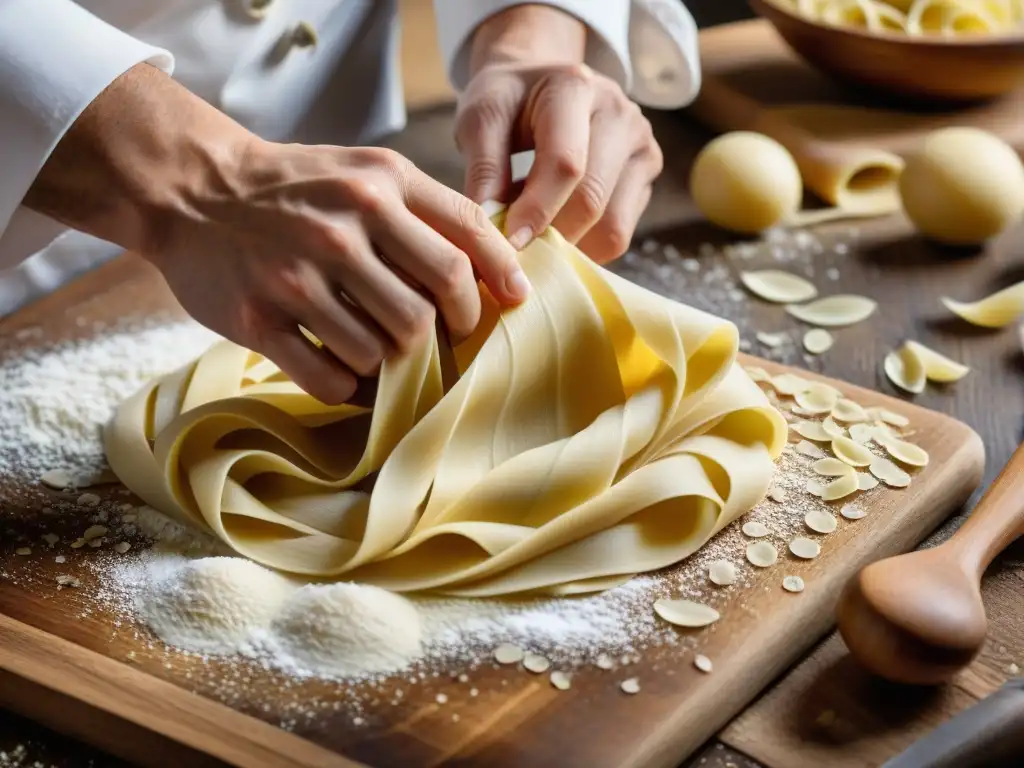 Un chef experto moldea tagliatelle sin gluten en cocina italiana tradicional