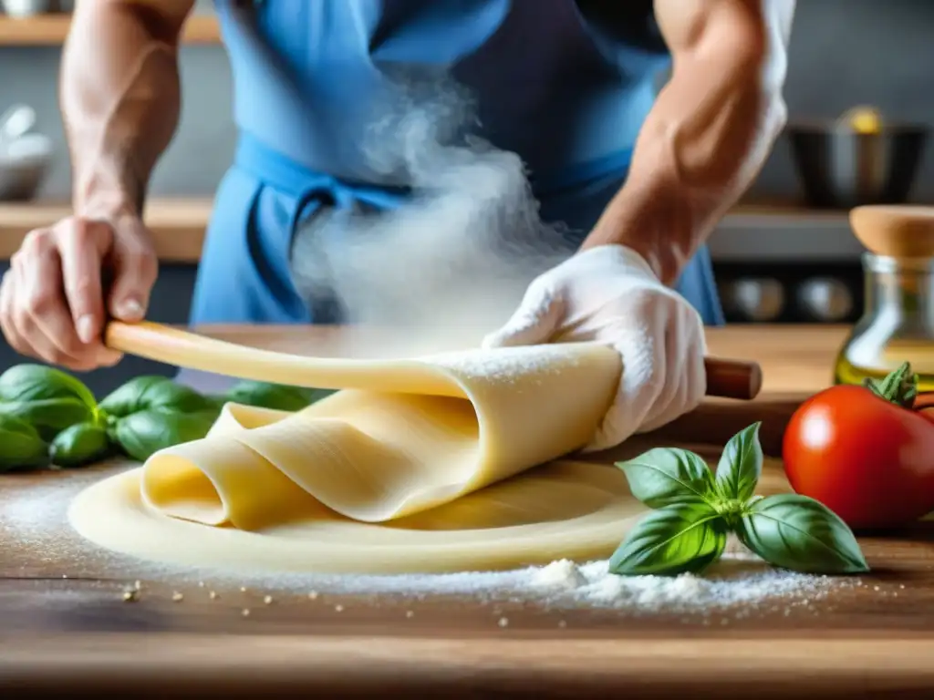 Un chef experto en cocina italiana sin gluten tradicional amasa la masa de pasta en una encimera de madera