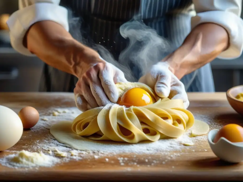 Un chef experto en cocina italiana creando pasta casera con pasión y destreza