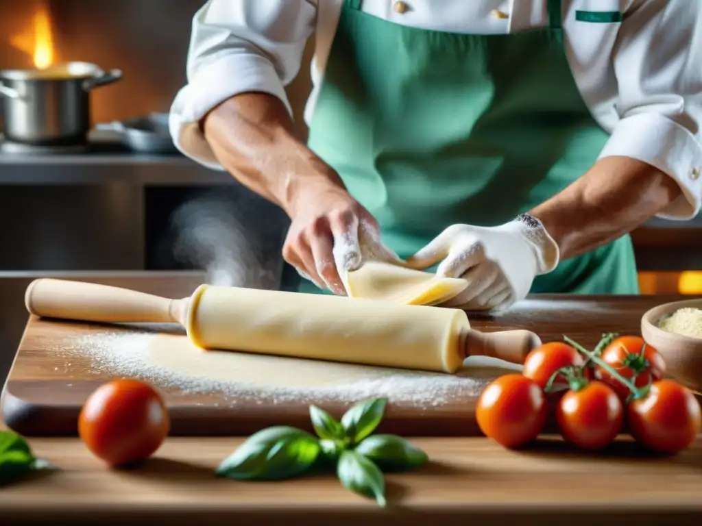 Un chef experto en cocina italiana preparando pasta al dente en una cocina tradicional