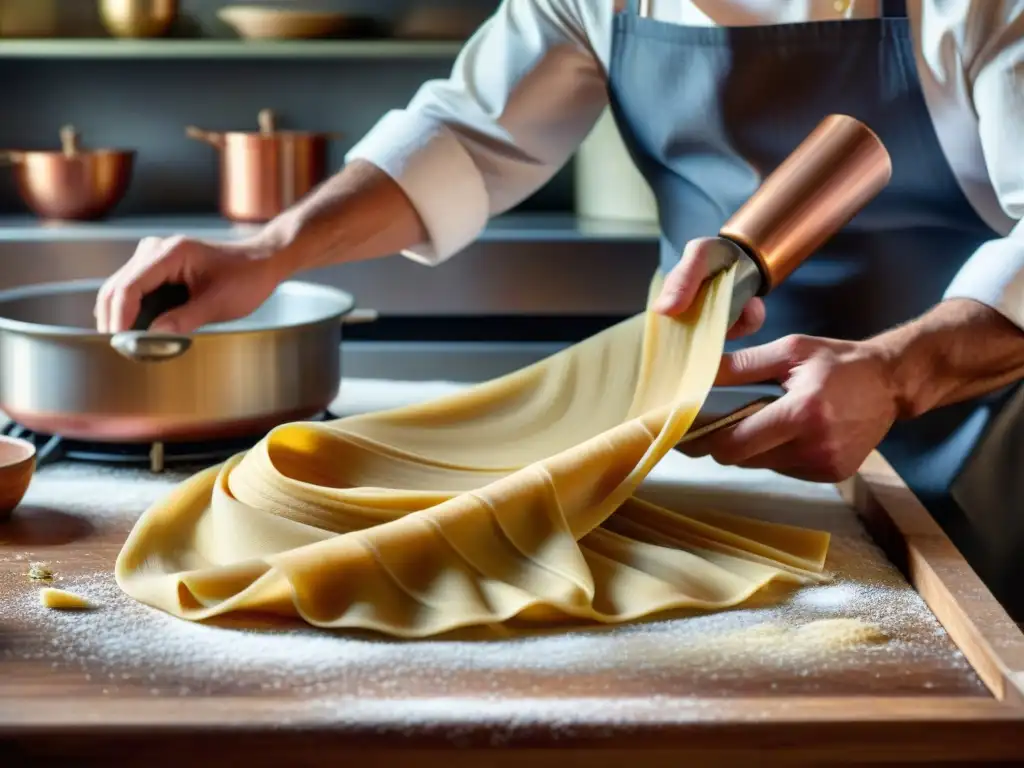 Un chef experto en cocina italiana tradicional prepara pasta a mano en una cocina rústica, con electrodomésticos revolucionando la escena