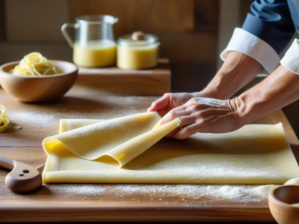 Un chef experto en cocina italiana preparando tagliatelle a mano en una cocina tradicional, con una atmósfera cálida y acogedora