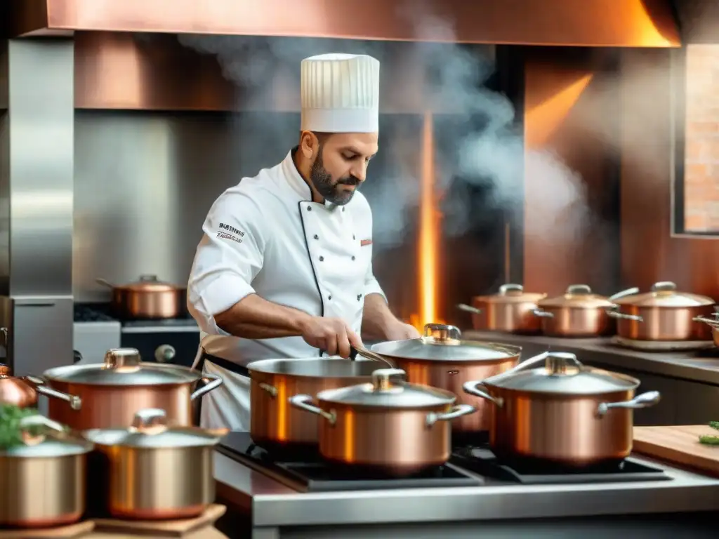 Un chef experto en una cocina italiana tradicional, influenciado por la música, preparando salsa marinara en una olla grande