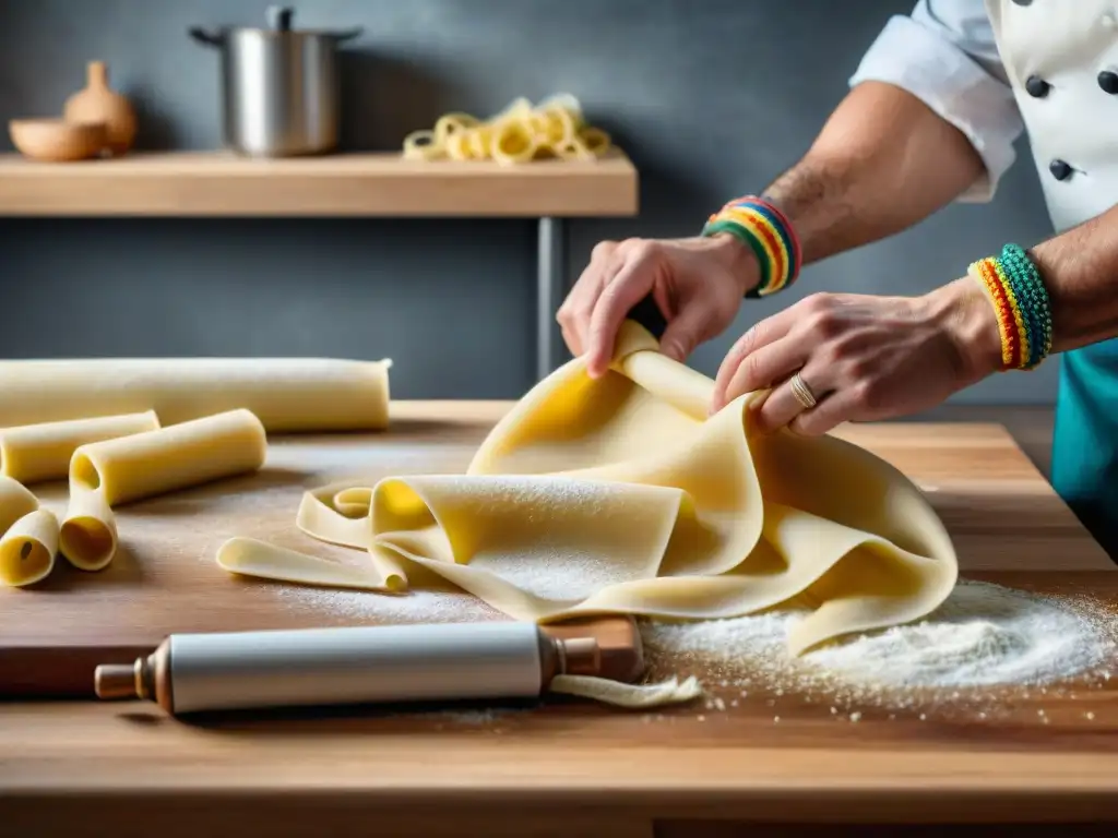 Chef experto en cocina italiana paso a paso preparando pasta fresca artesanalmente