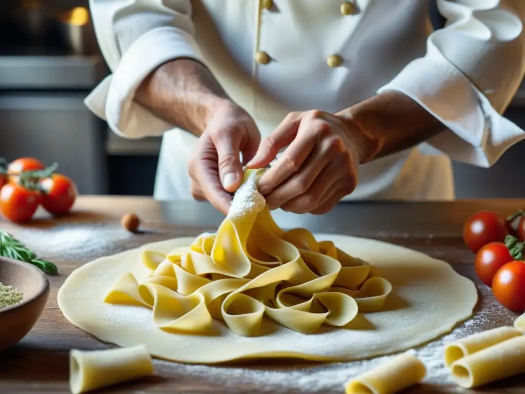 Un chef experto en cocina italiana twirls pasta fresca a la luz natural, con influencias renacentistas