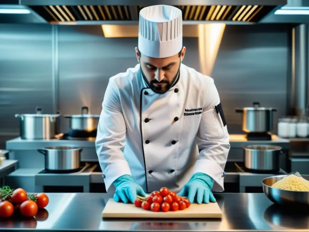 Un chef experto fusiona cocina italiana tradicional con vanguardia molecular en un laboratorio culinario moderno