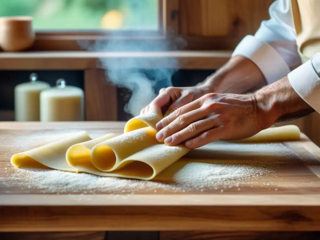 Un chef experto en cocina italiana tradicional corta y amasa pasta a mano en una cocina rústica