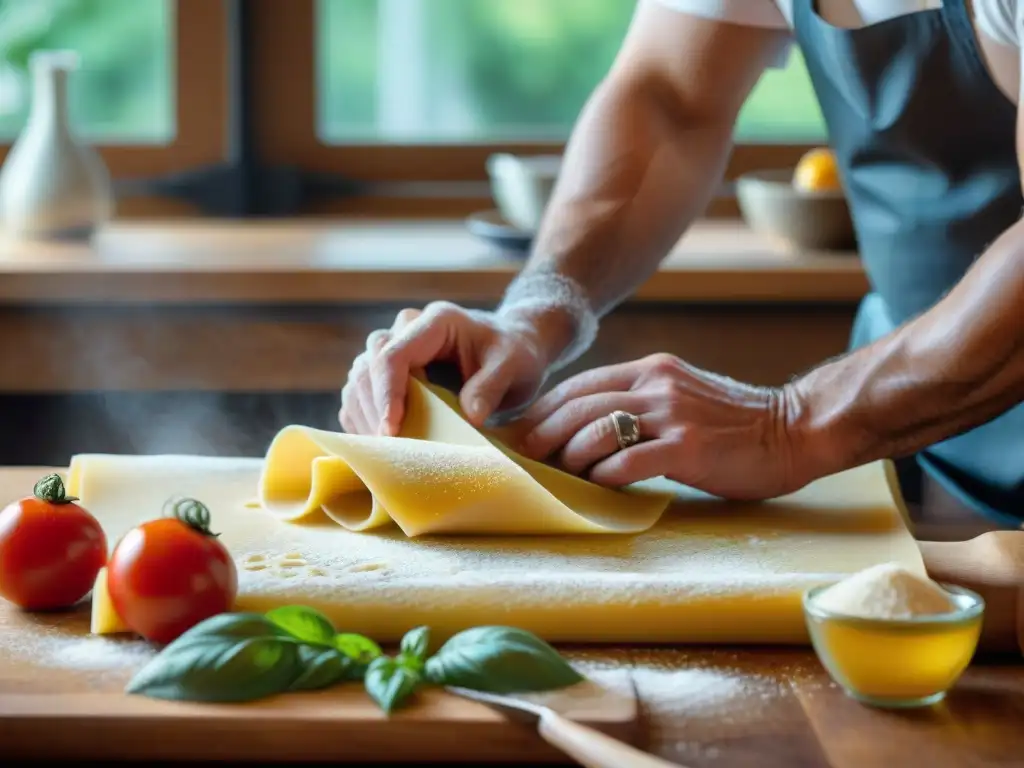 Un chef experto en cocina italiana prepara con pasión platos icónicos en un ambiente cálido y acogedor