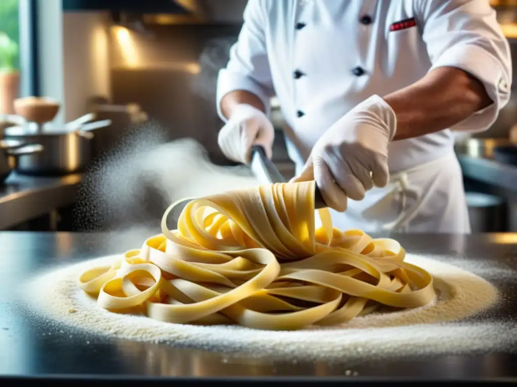 Un chef experto en cocina italiana twisteando masa fresca con harina en el aire y coloridos ingredientes en una cocina profesional