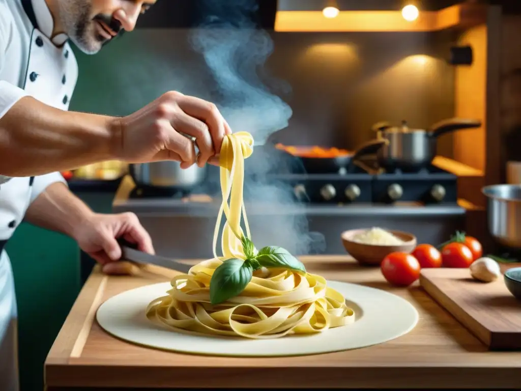 Un chef experto en una cocina italiana tradicional, preparando tagliatelle casera con destreza