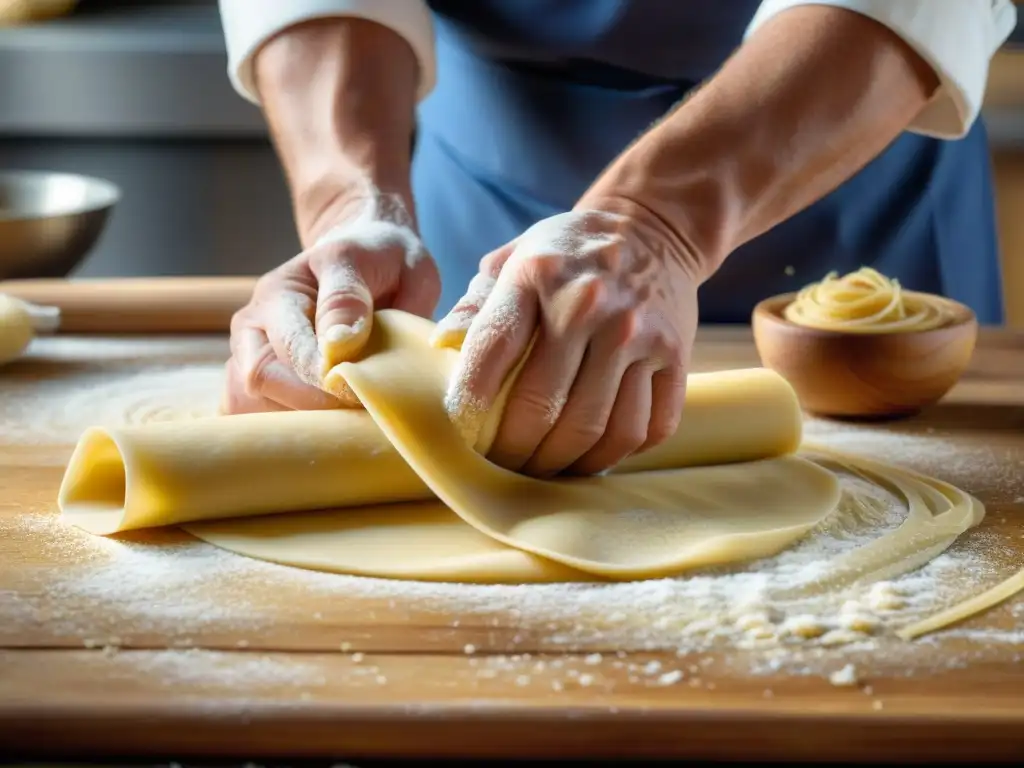 Maestro de la pasta: Tradición italiana en manos expertas Un chef experto en cocina italiana tradicional y tendencias amasa finas láminas de pasta fresca con destreza artesanal