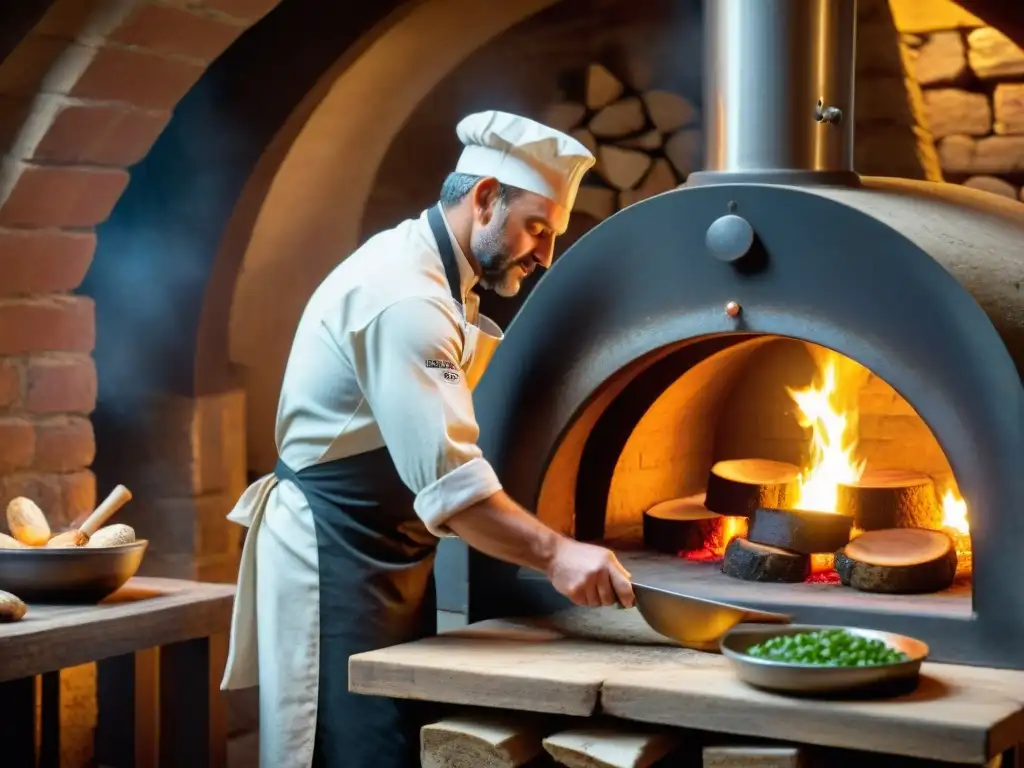 Chef experto en cocina italiana atiende un horno de leña en una cocina rústica