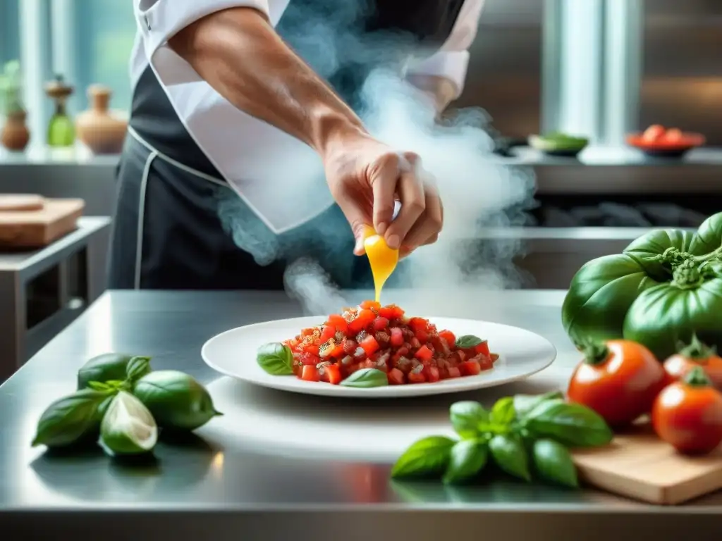 Chef italiano fusionando sabores: salsa fresca con toque moderno Un chef experto en una cocina italiana moderna, mezclando ingredientes tradicionales con técnicas innovadoras