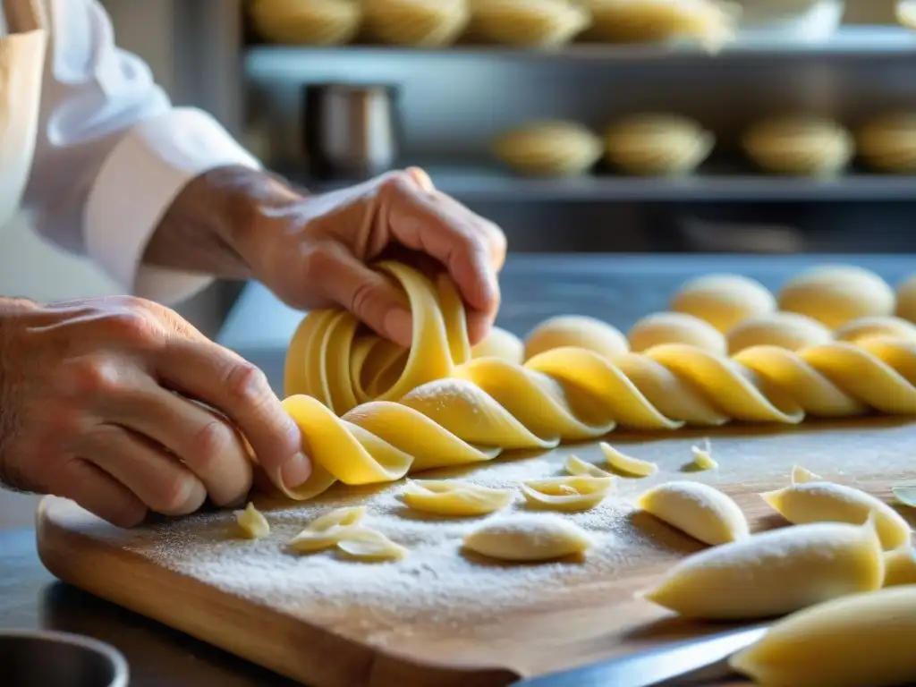 Un chef calabrés experto en cocina italiana tradicional en Calabria, elaborando cavatelli a mano con destreza artesanal