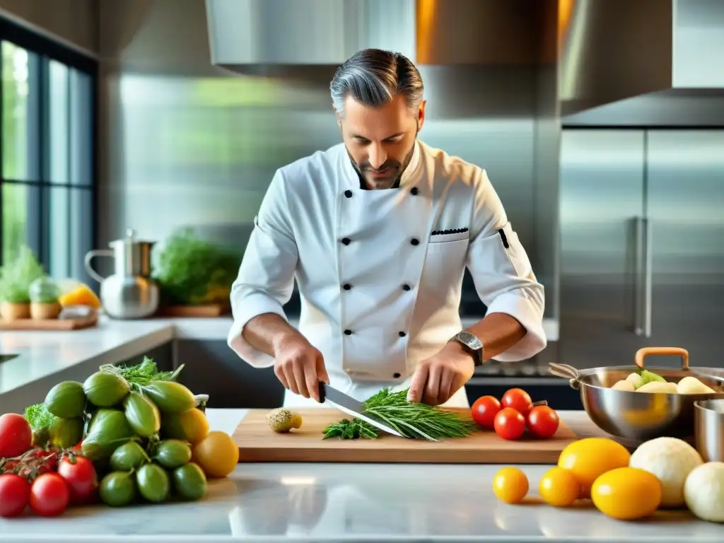 Chef experto en cocina italiana fusionando ingredientes eslovenos en una cocina moderna