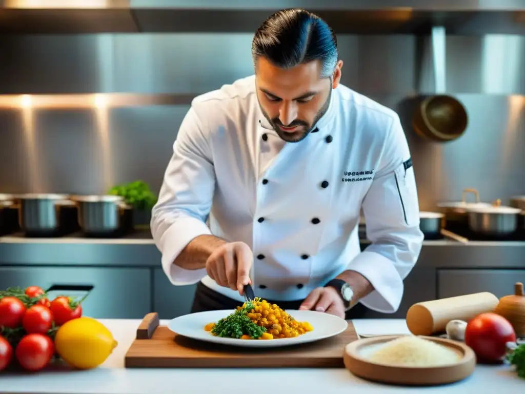 Un chef experto en una cocina italiana Molise moderna preparando un plato tradicional con un toque contemporáneo