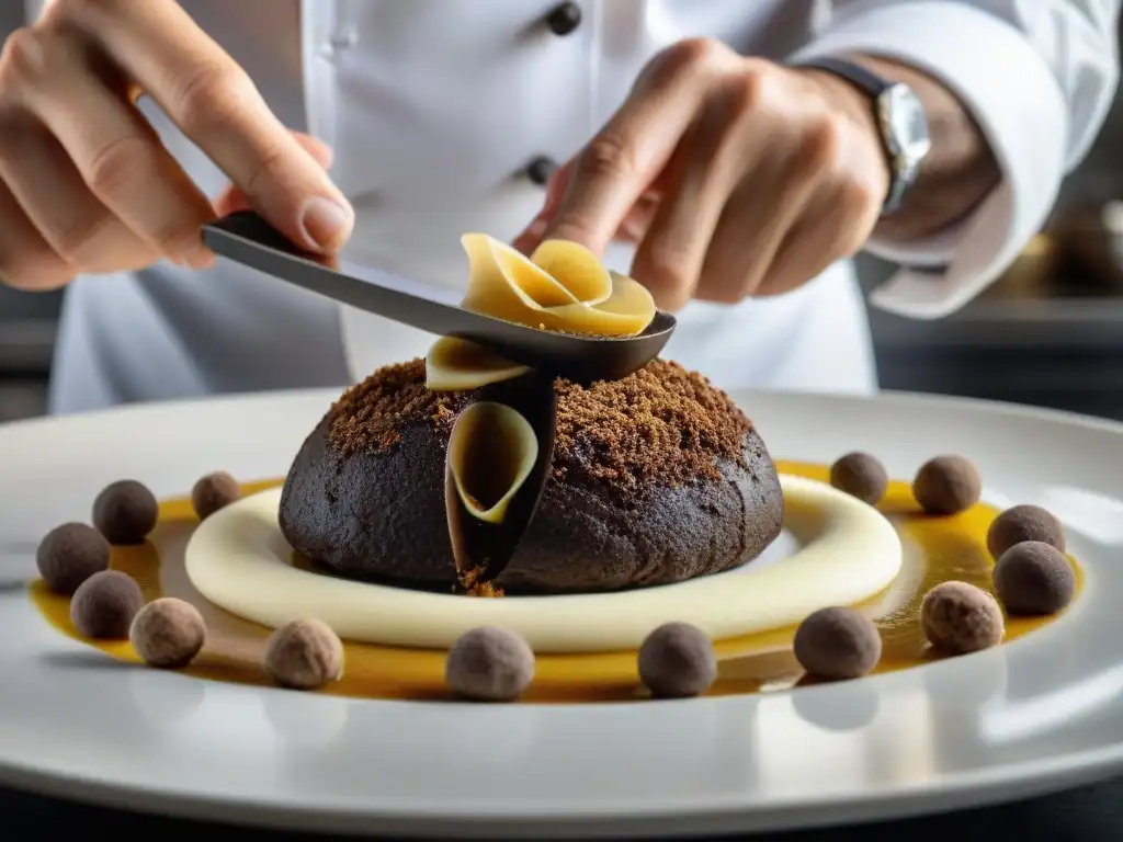 Un chef experto en una cocina italiana elegante, añadiendo trufas veganas a un plato gourmet