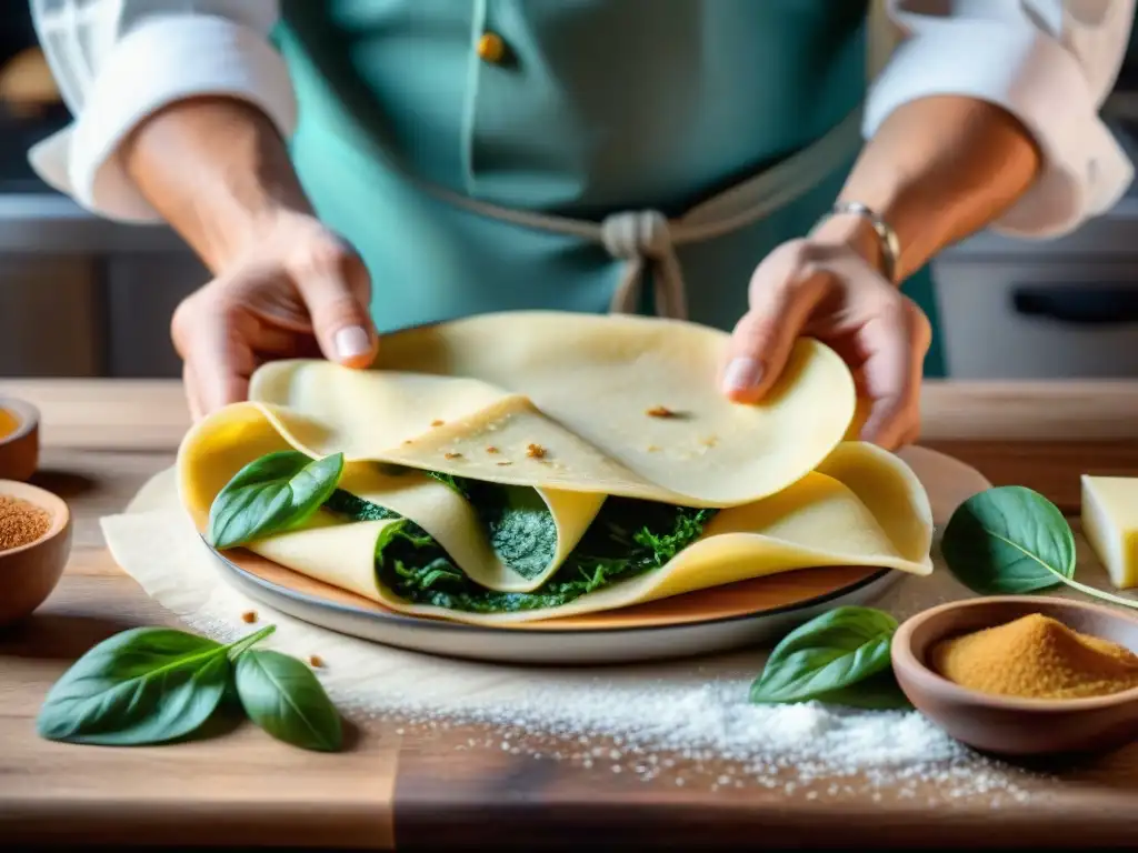 Un chef experto prepara crespelle alla fiorentina en cocina italiana tradicional