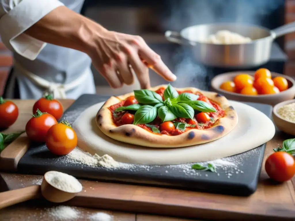 Un chef experto en cocina italiana lanza masa de pizza vegana sin gluten en cocina tradicional