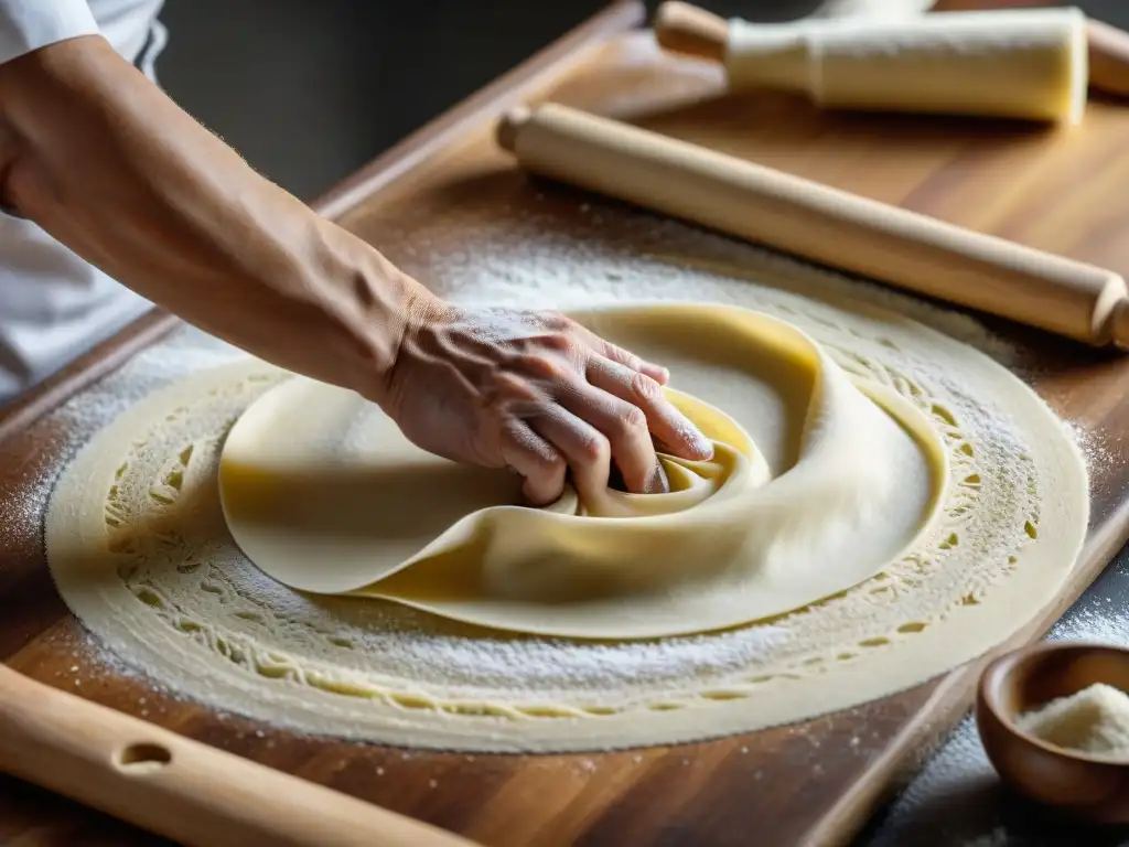 Un chef experto en cocina italiana platos tradicionales amasa delicadamente la pasta fresca con destreza y precisión, envuelto en una nube de harina