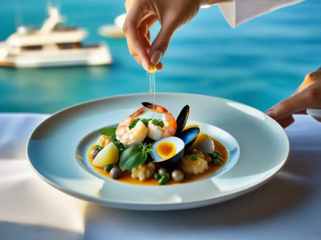 Un chef ligure experto en cocina marina, armando con destreza un plato de mariscos frescos, con el Mediterráneo de fondo