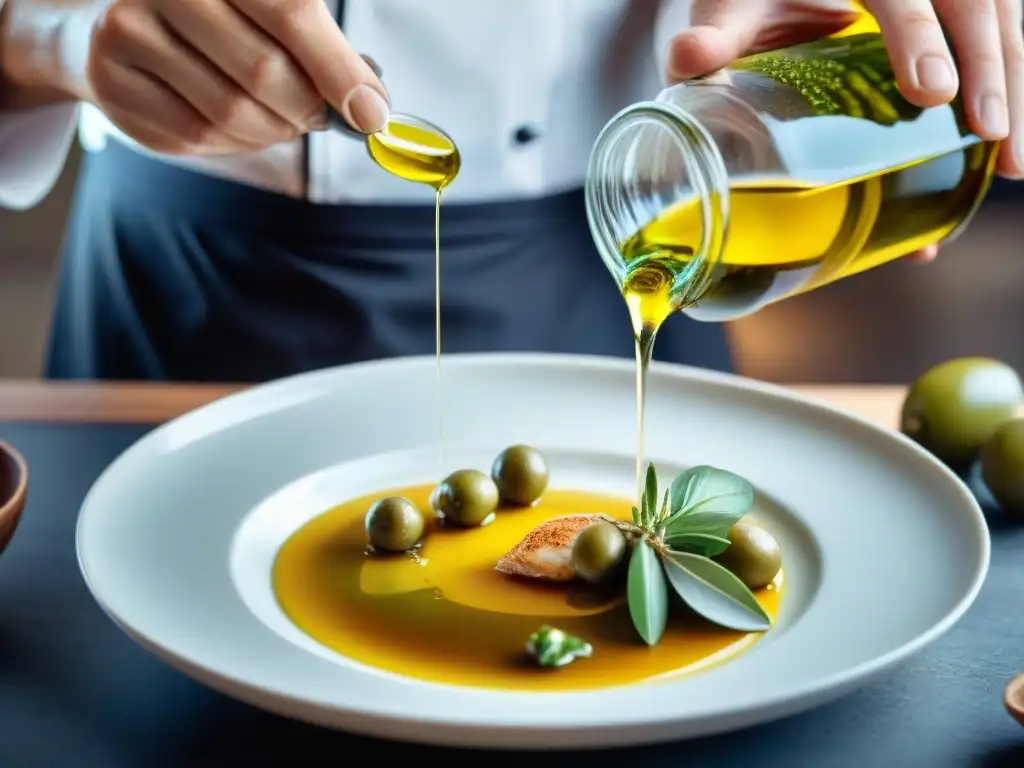 Un chef experto en una cocina moderna, decorando con elegancia un plato gourmet italiano con aceite de oliva premium