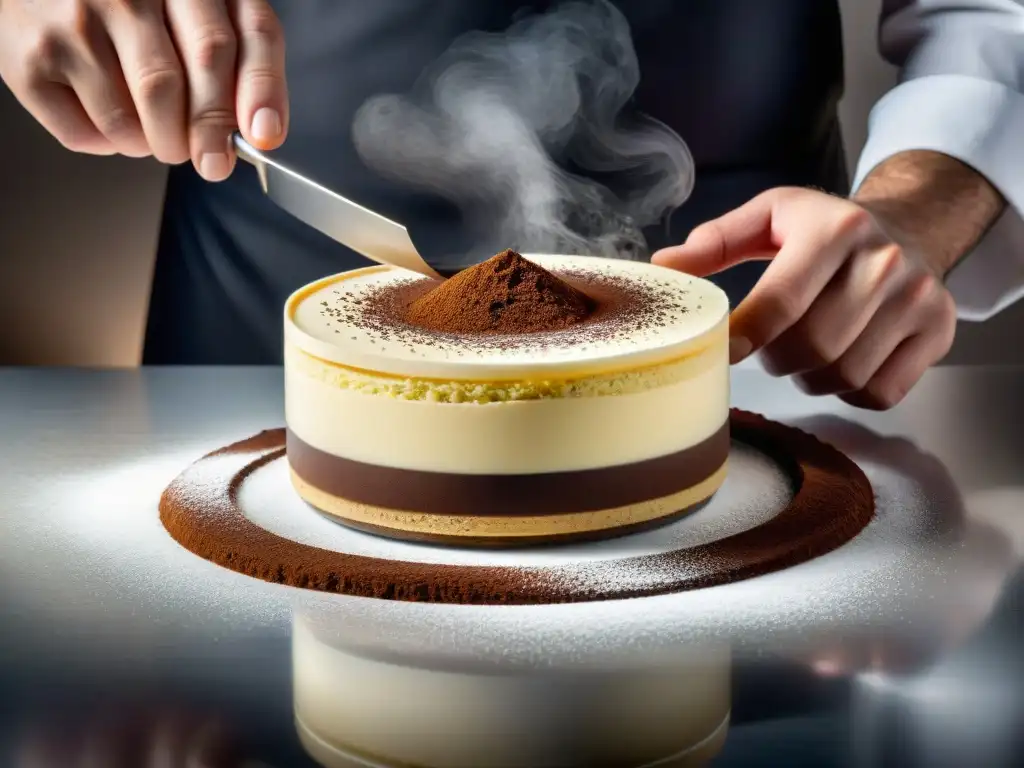 Un chef experto en cocina molecular crea un moderno tiramisú italiano, destacando la precisión y arte culinario