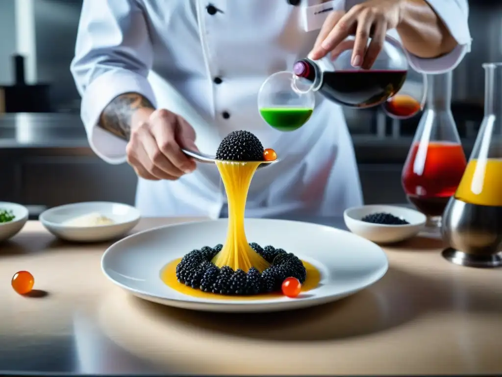 Chef experto en cocina molecular usando técnicas tradicionales para crear un innovador plato italiano en una cocina moderna