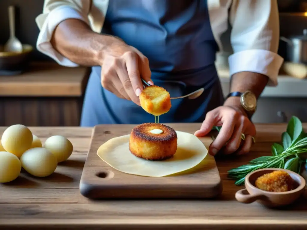 Un chef experto elaborando Crocchè di Patate en una cocina napolitana tradicional, con utensilios antiguos y una cálida luz solar