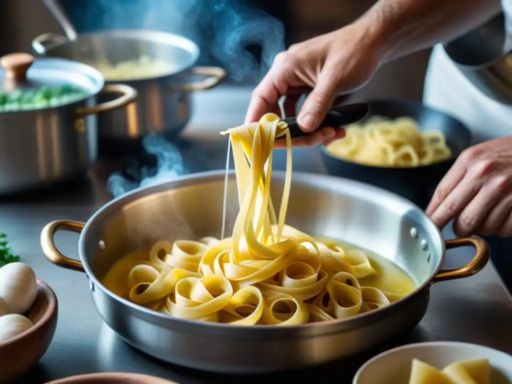 Un chef experto cocina pasta a mano en una olla de agua hirviendo