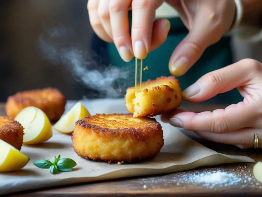 Un chef experto moldea con precisión Crocchè di Patate en una cocina rústica